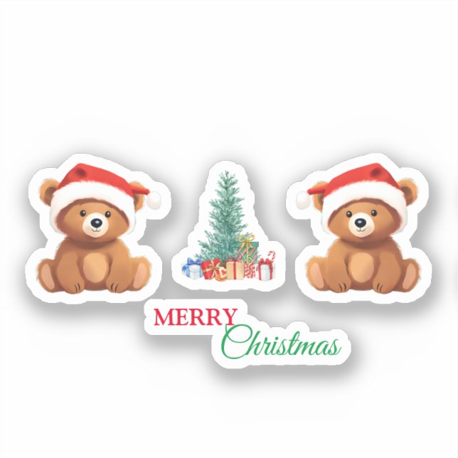 Sticker Les animaux mignons hiver Ours Père Noël arbre de  (Recto)