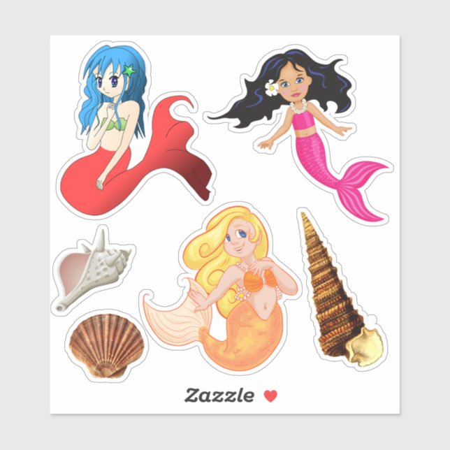 Sticker Les sirènes et les coquillages marins (Feuille)