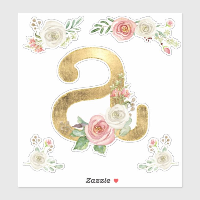 Sticker Lettre A Monogramme Rose or Aquarelle Florale (Feuille)