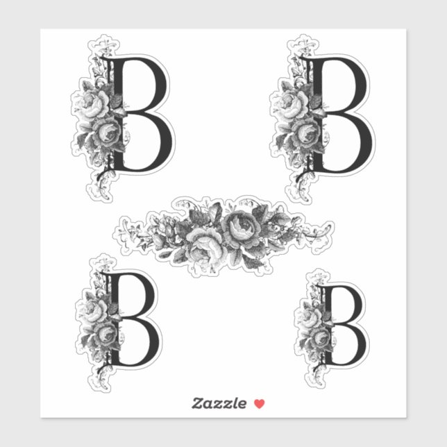 Sticker LETTRE B Élégante MONOGRAPHIQUE Florale Gravée (Feuille)