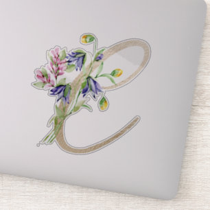 Sticker LETTRE D'OR Faux "C" Aquarelle Fleurs Sauvages