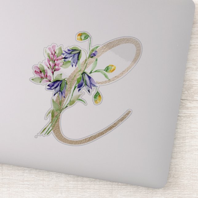 Sticker LETTRE D'OR Faux "C" Aquarelle Fleurs Sauvages (Détail)