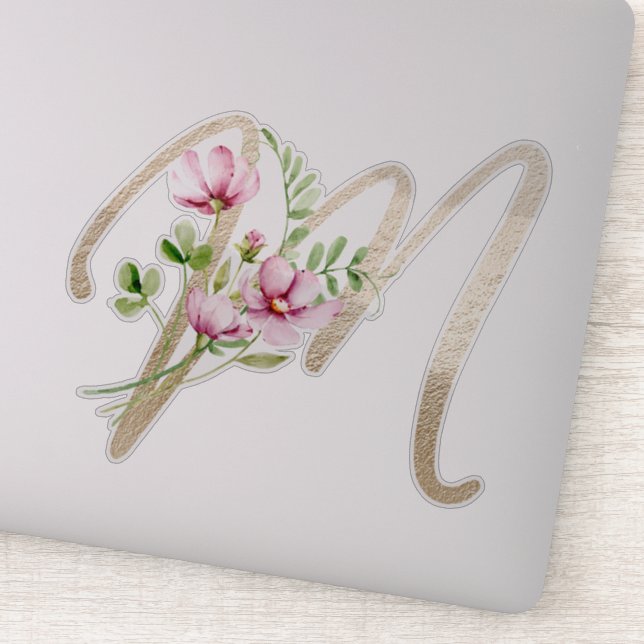 Sticker LETTRE D'OR Faux "M" Aquarelle Fleurs Sauvages (Détail)