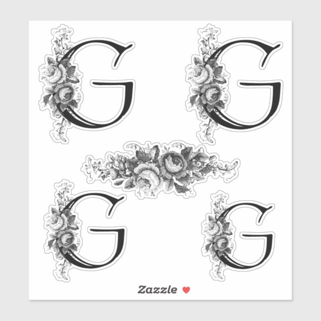 Sticker LETTRE G Élégante MONOGRAPHIQUE Florale Gravée (Feuille)