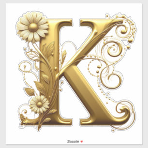 Sticker Lettre K dorée élégante avec embellissements flora
