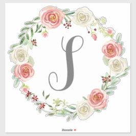 Sticker Lettre monogramme S Aquarelle Rose Floral Wreath