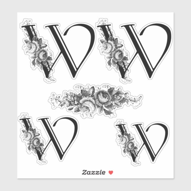 Sticker LETTRE MONOGRAPHIQUE Florale Élégante gravée W (Feuille)