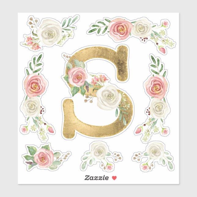 Sticker LETTRE MONOGRAPHIQUE S Rose Rose Floral Feuille Aq (Feuille)