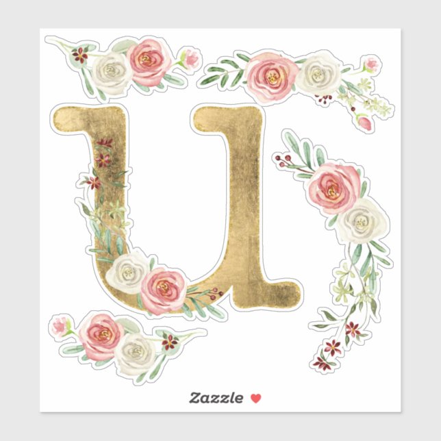 Sticker LETTRE MONOGRAPHIQUE U Rose Rose Floral Feuille Aq (Feuille)