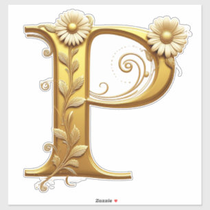 Sticker Lettre P dorée élégante avec embellissements flora