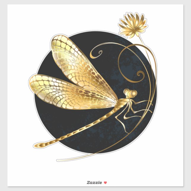 Sticker libellule d'or en cercle noir (Feuille)