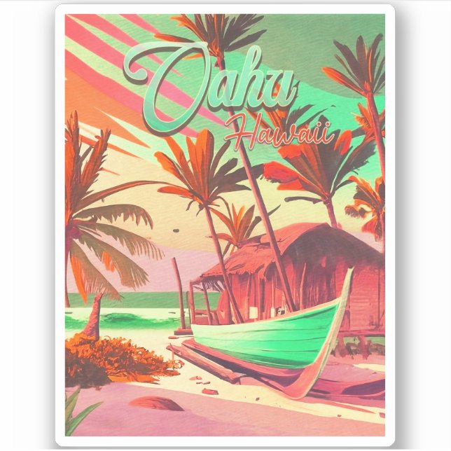 Sticker L'île d'Oahu Hawaii, un palmier tropical au couche (Devant)
