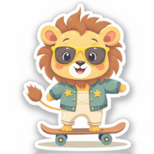 Sticker Lion de patineur cool   Cute Kawaii Safari animal
