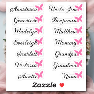 Sticker Liste d'invités 14 Noms Calligraphie Papillon rose