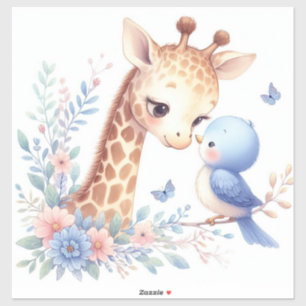 Sticker Livre D'Histoire Bois Bébés Giraffe Et Oiseau Bleu