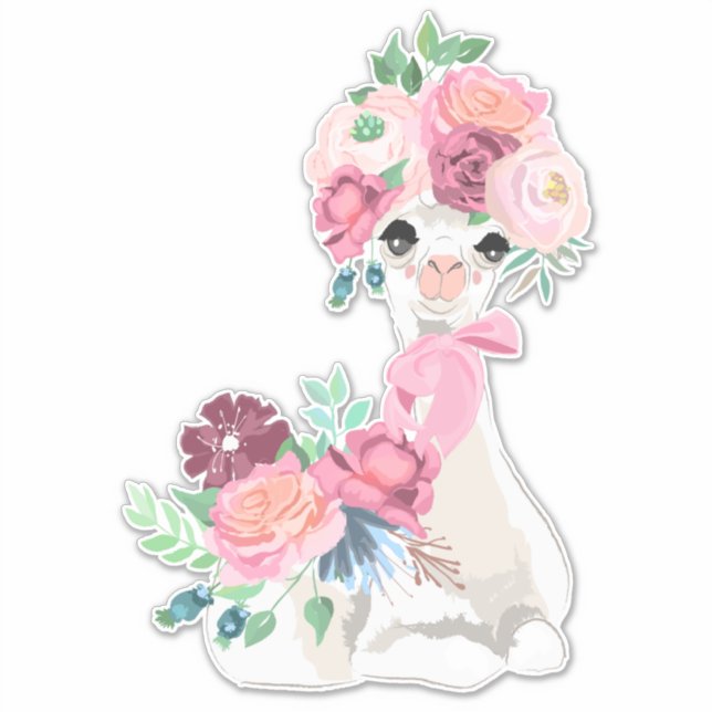 Sticker Llama blanche aux fleurs roses (Devant)