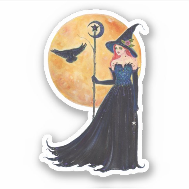 Sticker Lune de sorcière et corbeau d'Halloween par Renee  (Devant)
