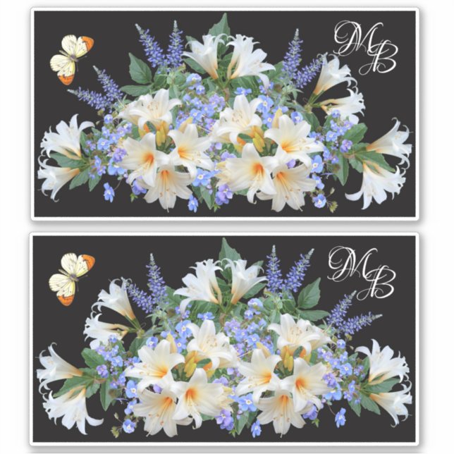 Sticker Lys blancs et fleurs de veronica bleue Monogramme (Devant)