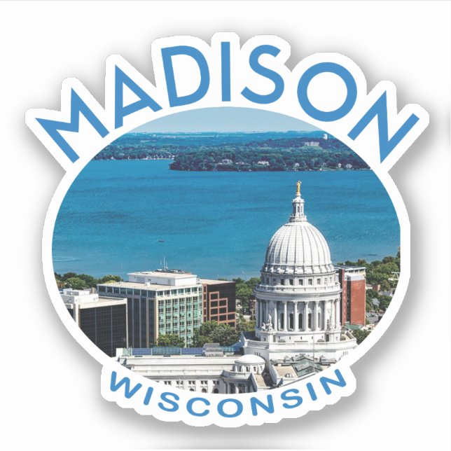 Sticker Madison Wisconsin avec légende et photo du lac (Devant)