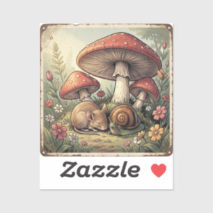 Sticker Maison de Campagne Rétro Champignons et Faune