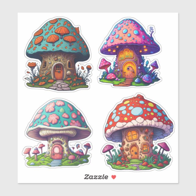 Sticker Maison de champignons de fées mignonnes (Feuille)
