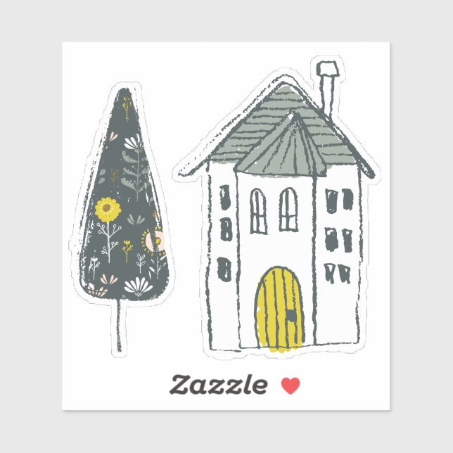 Sticker Maison dessinée à la main porte jaune pin vert (Feuille)