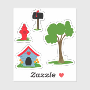 Sticker Maison rouge bleu boîte aux lettres noire arbre ve