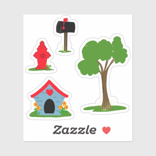 Sticker Maison rouge bleu boîte aux lettres noire arbre ve (Feuille)
