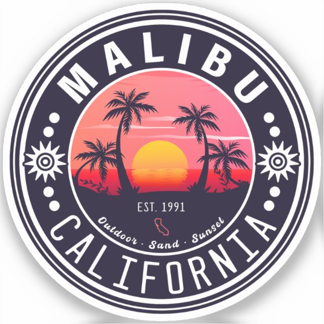 Sticker Malibu California Retro Sunset Palm Trees 60s (Recto)