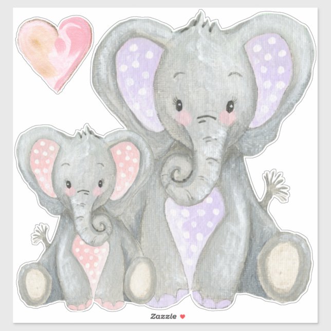 Sticker Maman n Baby adorable Pink Heart Lavender Elephant (Feuille)