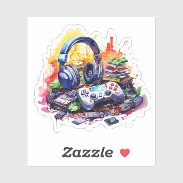 Sticker Manette de jeu vidéo, Casque audio, Bandes dessiné (Feuille)