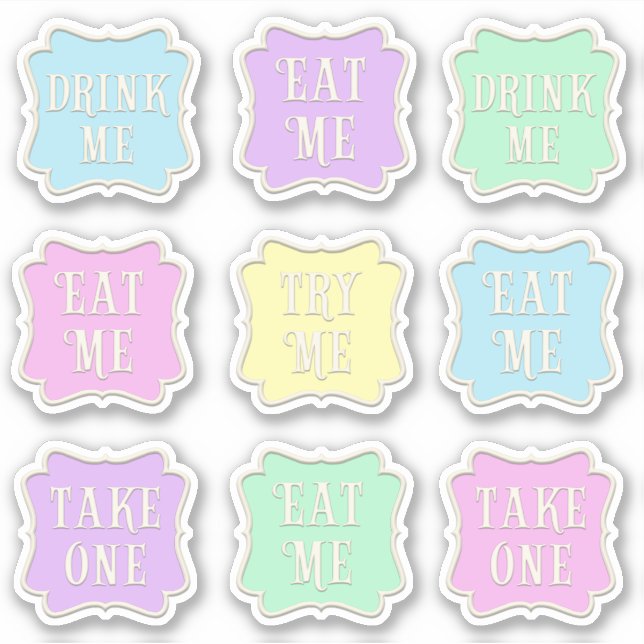 Sticker "Mange-moi" "Bois-moi" Wonderland Tea Party 9 coul (Devant)