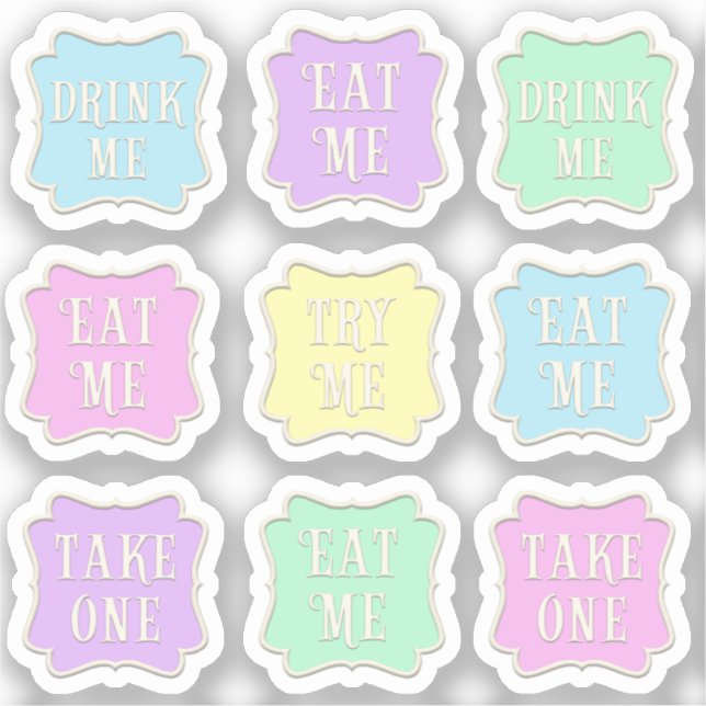 Sticker "Mange-moi" "Bois-moi" Wonderland Tea Party Pastel (Recto)