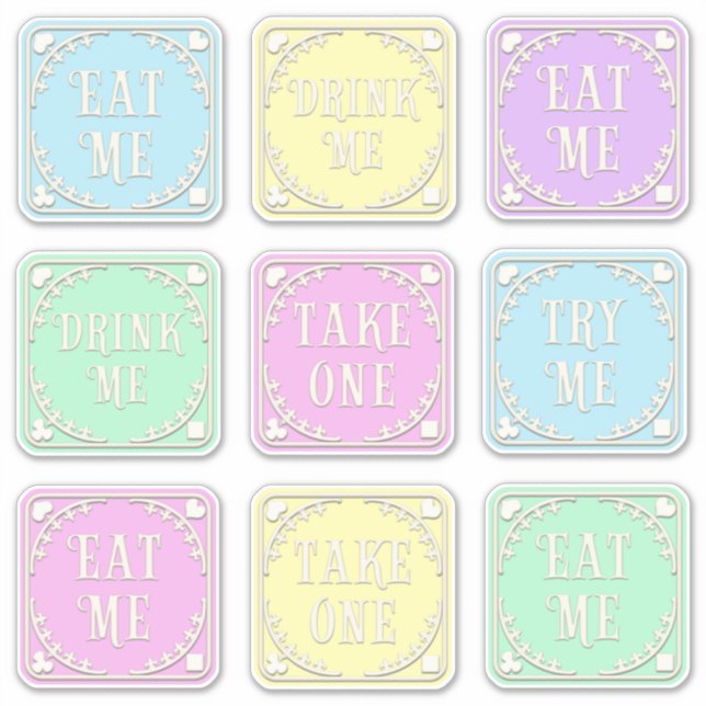 Sticker "Mange-moi" "Bois-moi" Wonderland Tea Party Whimsi (Devant)