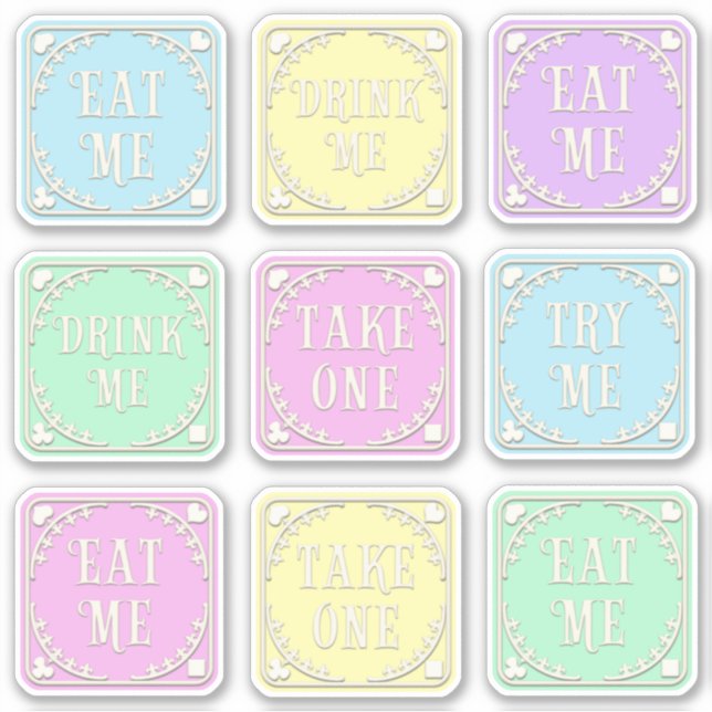 Sticker "Mange-moi" "Bois-moi" Wonderland Tea Party Whimsi (Devant)