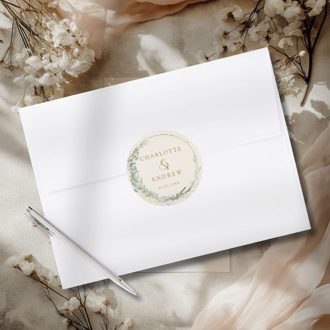 Sticker mariage à eucalyptus moderne et élégant (Modern Elegant Eucalyptus Wedding Sticker with your Name & date.)