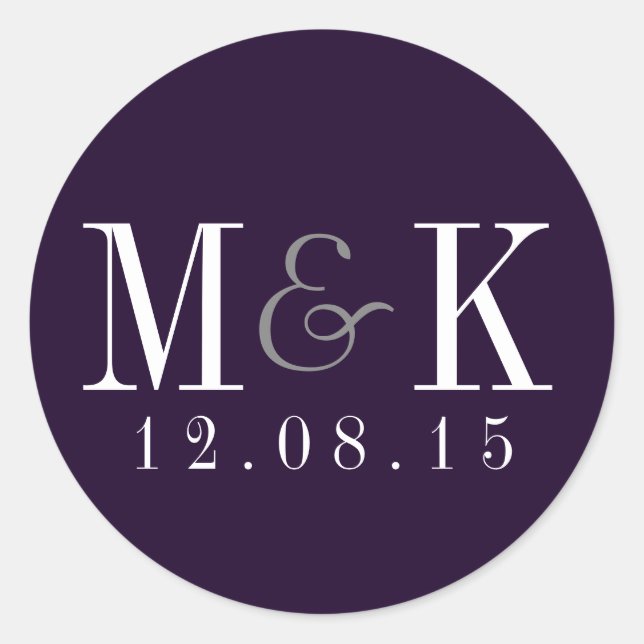 Sticker Mariage à monogramme violet à prune élégan (Devant)