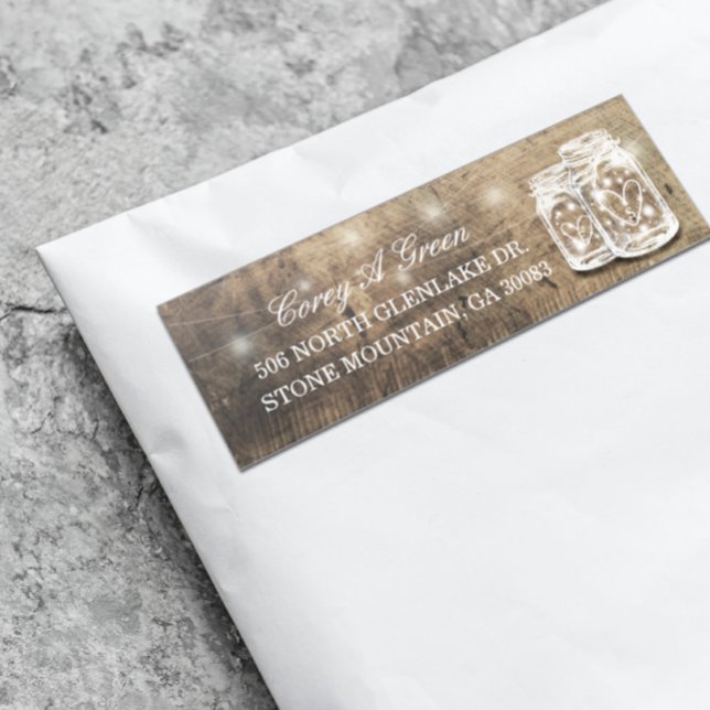 Sticker Mariage Adresse Invité Mason Jars Bois Chaîne Lumi (Créateur téléchargé)