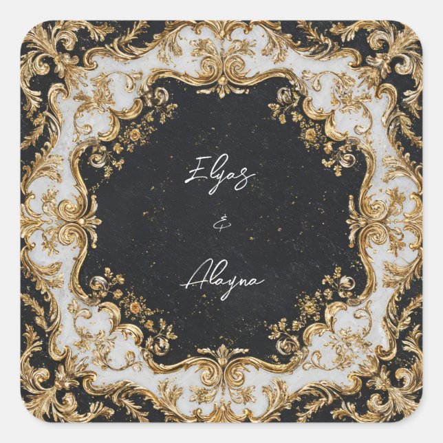 Sticker Mariage de cadre Rococo noir et or (Devant)