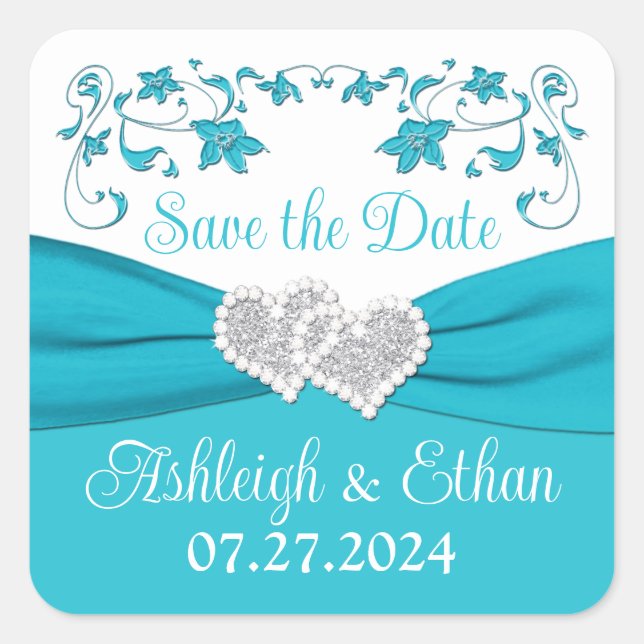 Sticker Mariage de Coeurs d'Amour Turquoise, Argen (Devant)