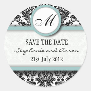 Sticker Mariage de monogramme noir et bleu Damask