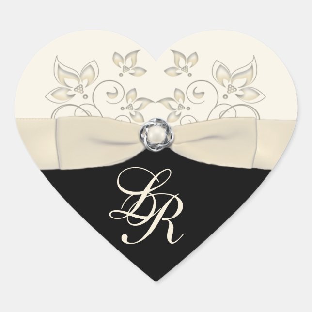 Sticker Mariage en forme de coeur noir et ivoire (Devant)