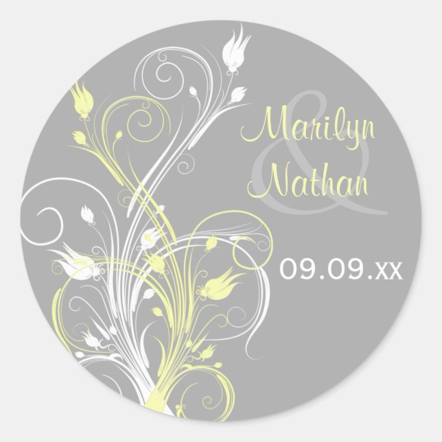 Sticker Mariage gris jaune blanc floral 1,5 po (Devant)