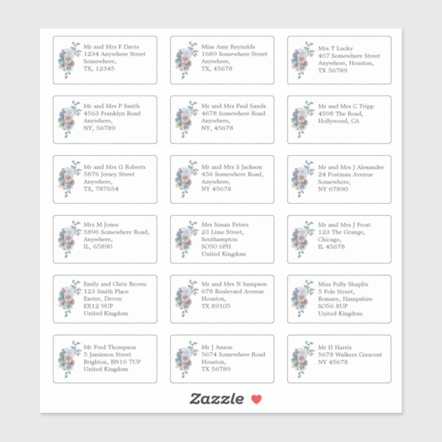 Sticker Mariage individuel Nom de l'invité Adresse Blue Fl (Feuille)