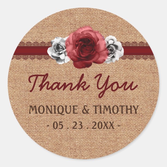 Sticker Mariage Merci en dentelle rouge Rose rusti (Devant)