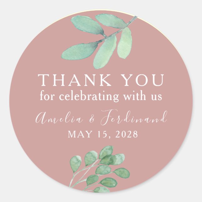 Sticker Mariage Merci Eucalyptus Rose poussiéreux (Devant)