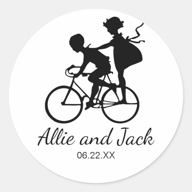 Sticker Mariage mignon avec couple sur un vélo (Devant)