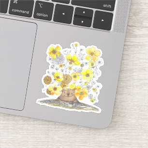 Sticker Marmotte et fleurs jaunes