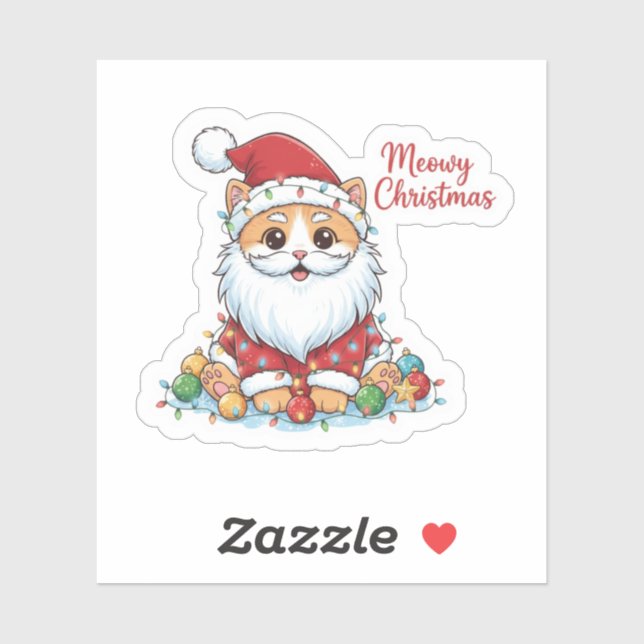 Sticker Meowny Noël Jouer Chat avec Santa Hat Holiday (Feuille)