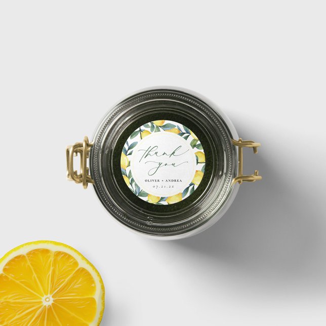 Sticker Merci Botanique Citron Favor (Lemon Botanical Wedding Favor thank you sticker. Round design with watercolor lemon border.
)